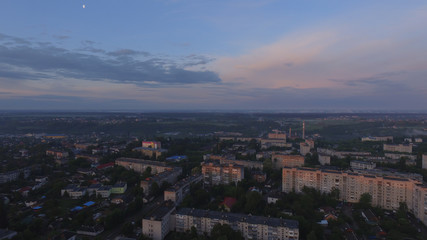 Aerial view of sunset in Zhytomyr city, Ukraine. Great sunrise.