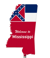 Welcome to the state of Mississippi road sign in the shape of the state map with the flag