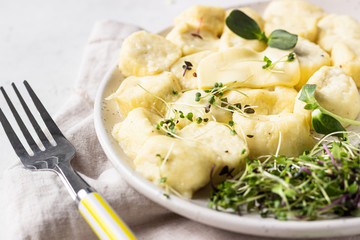 Curd and cheese dumplings served with microgreens and sour cream on a ceramic plate. Traditional Ukrainian or Russian lazy dumplings (vareniki). Healthy breakfast. 