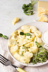 Curd and cheese dumplings served with microgreens and sour cream on a ceramic plate. Traditional Ukrainian or Russian lazy dumplings (vareniki). Healthy breakfast. 
