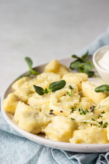 Curd and cheese dumplings served with microgreens and sour cream on a ceramic plate. Traditional Ukrainian or Russian lazy dumplings (vareniki). Healthy breakfast. 