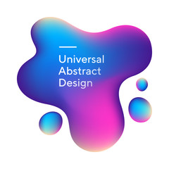 Bright dynamical liquid blobs. Universal irregular lines, wavy shapes. Blue, pink, and beige background with white text. Template for poster, promo flyer or slide. Vector illustration.