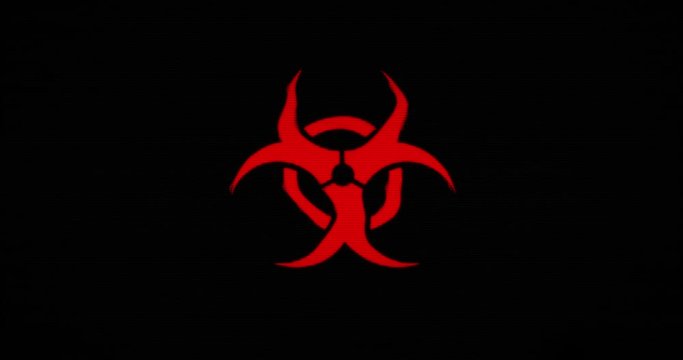 Biohazard symbol and danger text on damage retro tv background. Concept of global epidemic, virus, infection alert with distortion noise and glitch effect. Seamless and loopable rendering animation.