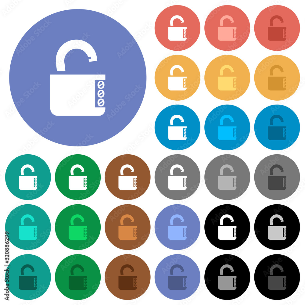Poster unlocked combination lock with side numbers round flat multi colored icons