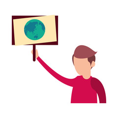 young man protesting with earth planet in label character