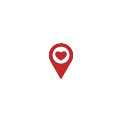 red location icon with red heart. GPS pointer. Favorite place. Map pin.