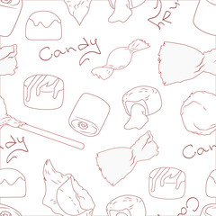 Seamless pattern of sweets drawn in one line on a business background. Vector. Sketch. Doodle Suitable for printing on fabric, coffee shop decoration, design of pastry treats.
