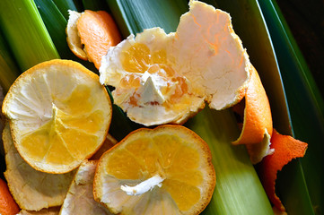 View into a container with organic waste for recycling, which consists of leeks and orange peels.