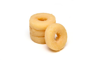 The traditional Czech round shaped smelly cheese made from curd cheese. Isolated on a white background. 
