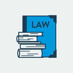 Vector icon of a constitution book with a word LAW on its cover, and few different books. It represents constitutional rights, court, justice and work of judges, lawyers and prosecutors