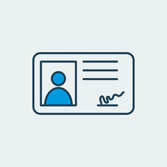 Vector icon of an ID card, security badge with an avatar image and a signature. It represents protection of documents and importance of personal data security