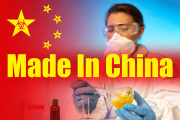 The stars on the Chinese flag contain a biohazard sign. Yellow inscription Made in China and a...