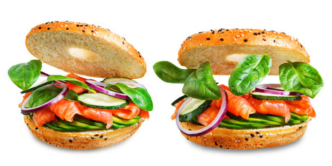 Smoked salmon spinach avocado cucumber bagel on a white isolated background