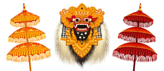 Traditional Balinese Barong mask and colorful ritual umbrellas vector illustrations set isolated on white background