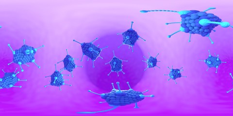 3d rendering Microscope virus- bacteria close up.  Equirectangular  360 VR image.  The medical panoramic background.