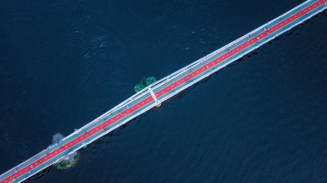 Pedestrian And Bicycle Bridge. Touristic Place. Kiev, Ukraine. Drone Shot, Bird's-eye, Aerial View