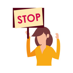 young woman protesting with stop label character
