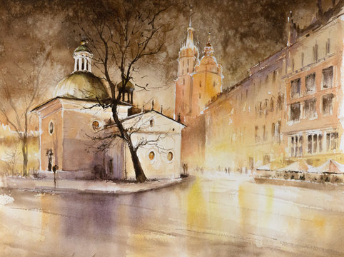 Church of St. Wojciech on Main Square in Krakow. Krakow, Malopolskie, Poland. Picture created with watercolors.