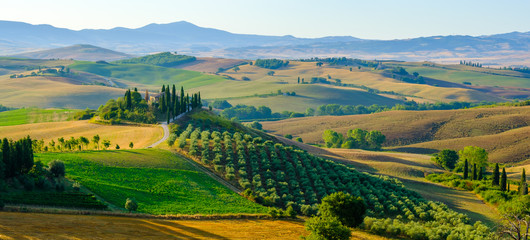 Fototapeta na wymiar Late summer aerial landscape of valley in Tuscany