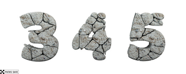 Stone numbers 3, 4, 5. 3d render. Rock alphabet. Path save.