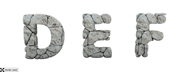 Stone letters D, E, F. 3d render. Rock alphabet. Path save. © wesleyyaya