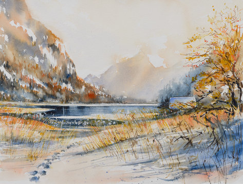 Winter landscape with mountain lake painted by watercolor
