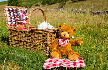 Teddy bears picnic in an English meadow in summer with traditional wicker basker.and white china...