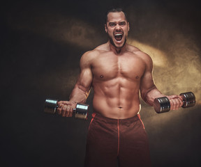 Fototapeta na wymiar Shirtless muscular man is screaming while doing exercises with dumbbells.