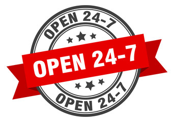 open 24 7 label. open 24 7round band sign. open 24 7 stamp