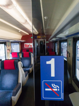 LUGANO, SWITZERLAND - DECEMBER 7, 2019: The first class wagon in the train of the swiss railway.