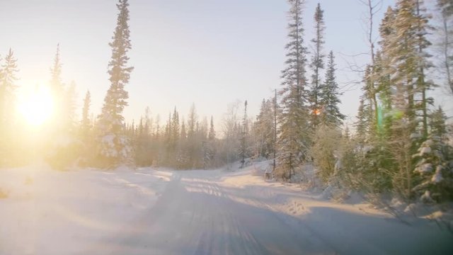 Driving car on snow through remote pine forest at sunrise, yellowknife