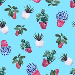 Watercolor hand painted house green plants in flower pots. Seamless pattern of floral elements on blue background.