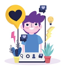 young man in screen mobile talk bubble idea social media