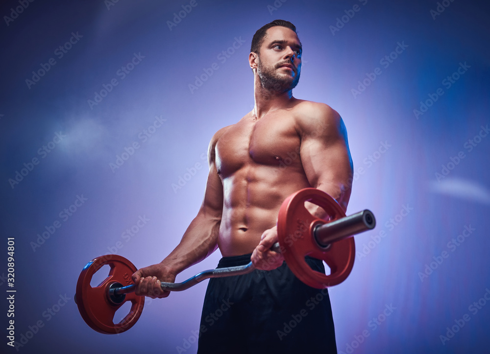 Wall mural handsome muscular man is holding a barbell while posing for photographer.