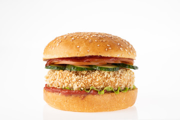  hamburger with chicken cutlet for a restaurant menu on a light background