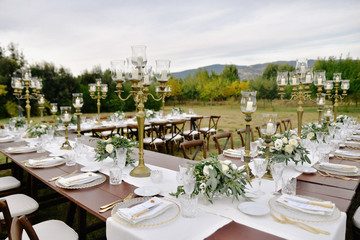 Decorated wedding celebration table with guests seats outdoors in the gardens with a mountain view