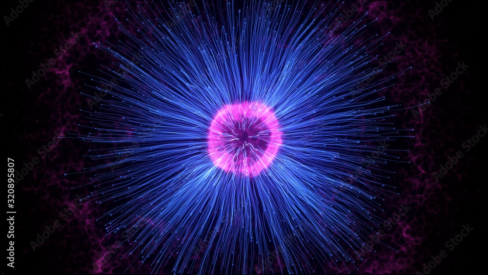 Poster abstract explosion background. exploding particles. blue and pink color.