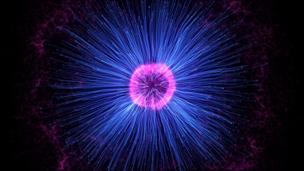 Abstract explosion background. Exploding particles. Blue and pink color.
