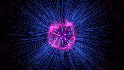 Abstract explosion background. Exploding particles. Blue and pink color.