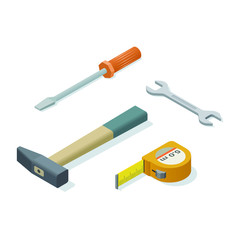 Vector isometric tools for repair,  hammer, screwdriver, tape measure, wrench. 