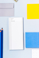 background with office objects in blue and yellow tone