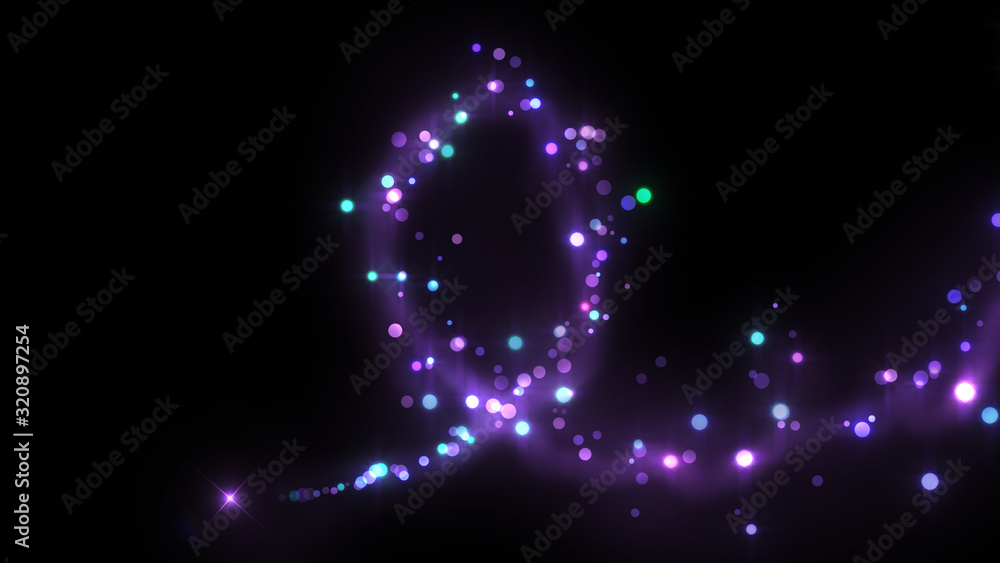 Poster flight of blue and violet bokeh particles. magical shimmering light. isolated on black background.