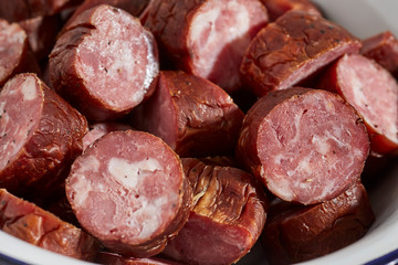 Slices of smoked kielbasa from a butcher in central Pennsylvania, USA