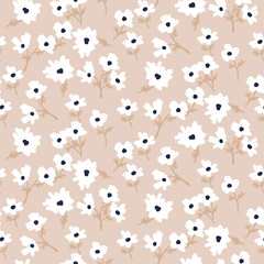 Seamless forget-me-not floral pattern with tiny leaves hand drawn style beige colors.