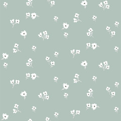 Seamless ditsy white floral pattern with tiny leaves hand drawn style blue colors.