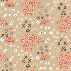 Wallpaper murals Eclectic style Abstract seamless pattern with different shapes and textures. Beige eclectic mixed background. Chaotic texture with floral and geometrical elements in hand drawn style.