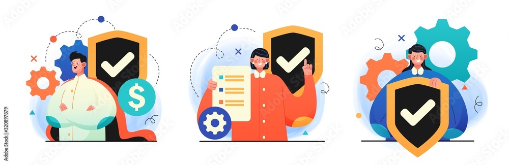 Poster protection and security concepts. illustrations of cartoon character with a shield. perfect for web 