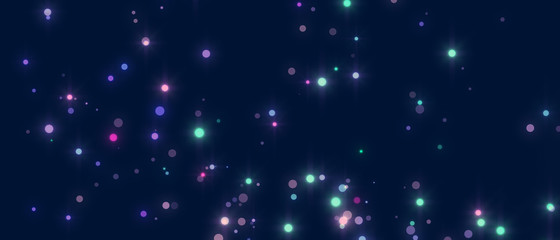 Fototapeta na wymiar Bright violet bokeh lights abstract background. Flying blue particles or dust. Vivid lightning. Merry christmas design. Blurred light dots.