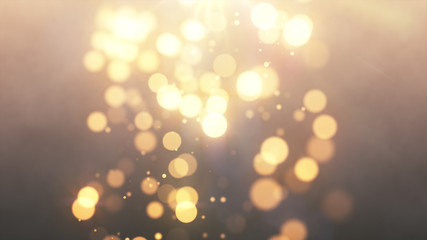 Bright gold bokeh lights abstract background. Flying golden particles or dust. Vivid lightning. Merry christmas design. Blurred light dots. Can use as cover, banner, postcard, flyer.