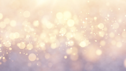 Bright gold bokeh lights abstract background. Flying golden particles or dust. Vivid lightning. Merry christmas design. Blurred light dots. Can use as cover, banner, postcard, flyer. © Bokehstore
